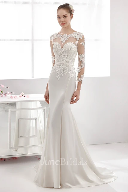 Long-Sleeve Sheath Satin Wedding Dress With Lace Appliques Bodice And ...