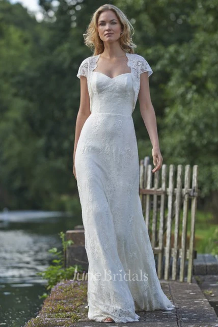 Floor-Length Square Cap-Sleeve Appliqued Lace Wedding Dress - June Bridals