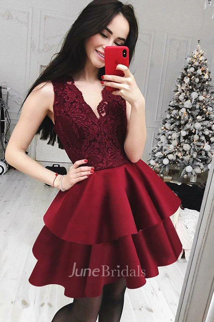 A-line V-neck Sleeveless Ruffles Tiers Short Mini Satin Lace Homecoming ...