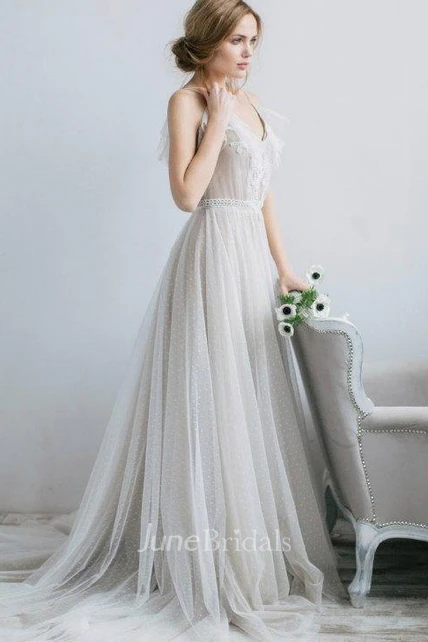 A-Line V-Neck Tulle Illusion Dress With Pleats - June Bridals