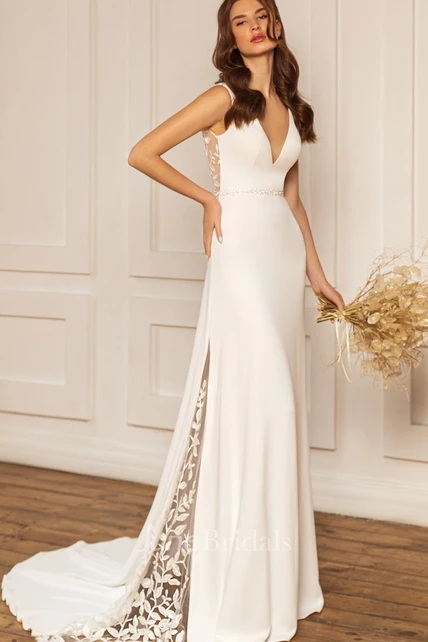 Bohemian Satin V-neck Sheath Sweep Train Low-V Back Wedding Dress