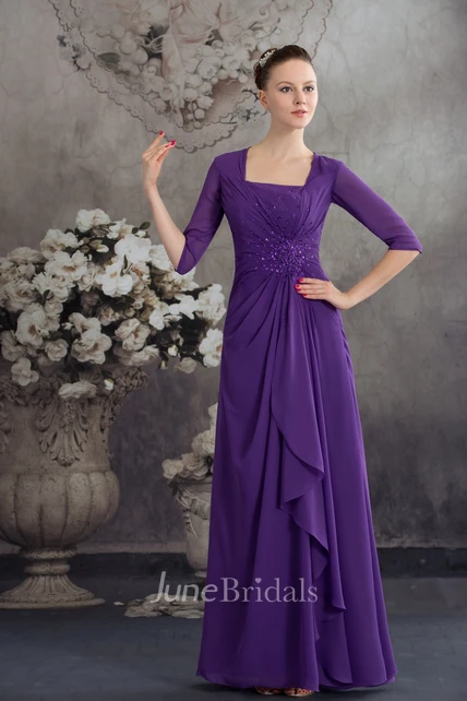 Square-Neck Half-Sleeve Chiffon Maxi Dress with Central Ruching and ...
