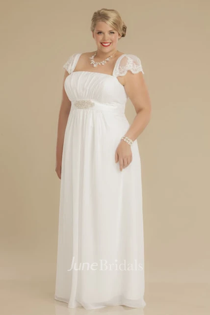 Sheath Square-Neck Ruched Empire Cap-Sleeve Chiffon Plus Size Wedding ...