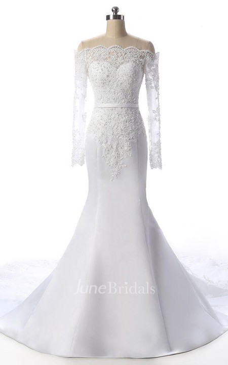 Mermaid Long Sleeve Court Train Lace Dress With Beading - June Bridals