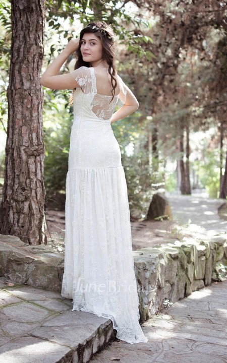 Square Cap Sheath Lace Wedding Dress With Pleats And Illusion Back ...
