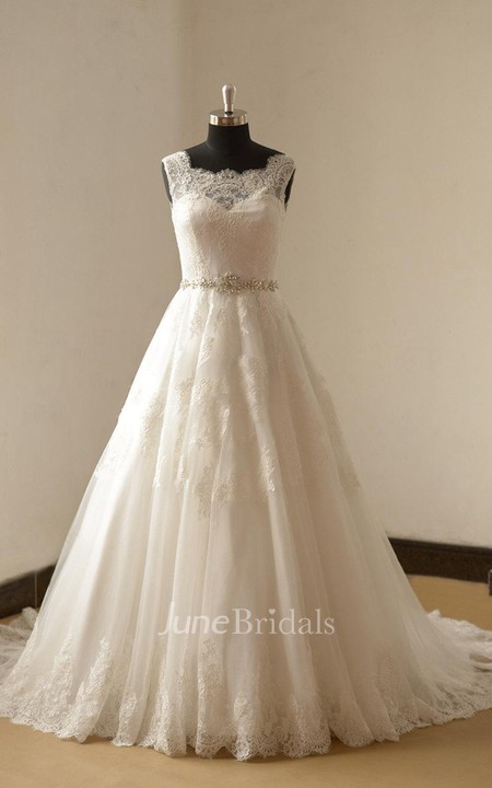 Long A-Line Sleeveless Lace Wedding Dress With Beads Sash and Train ...