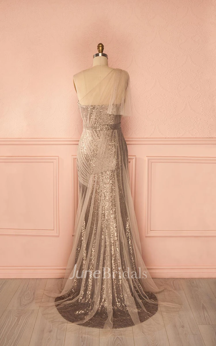 Luxurious One-shoulder Tulle And Sequins Sheath Dress