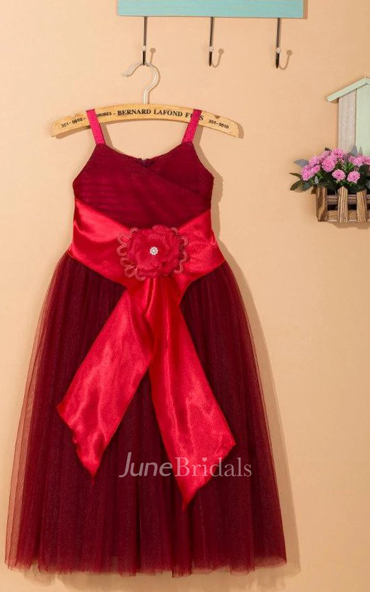 Spaghetti Strapped Tulle Dress With Flower Satin Sash Ribbon