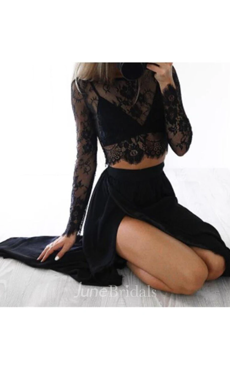 Black Long Sleeves Sexy Slit Two-piece Party Dress