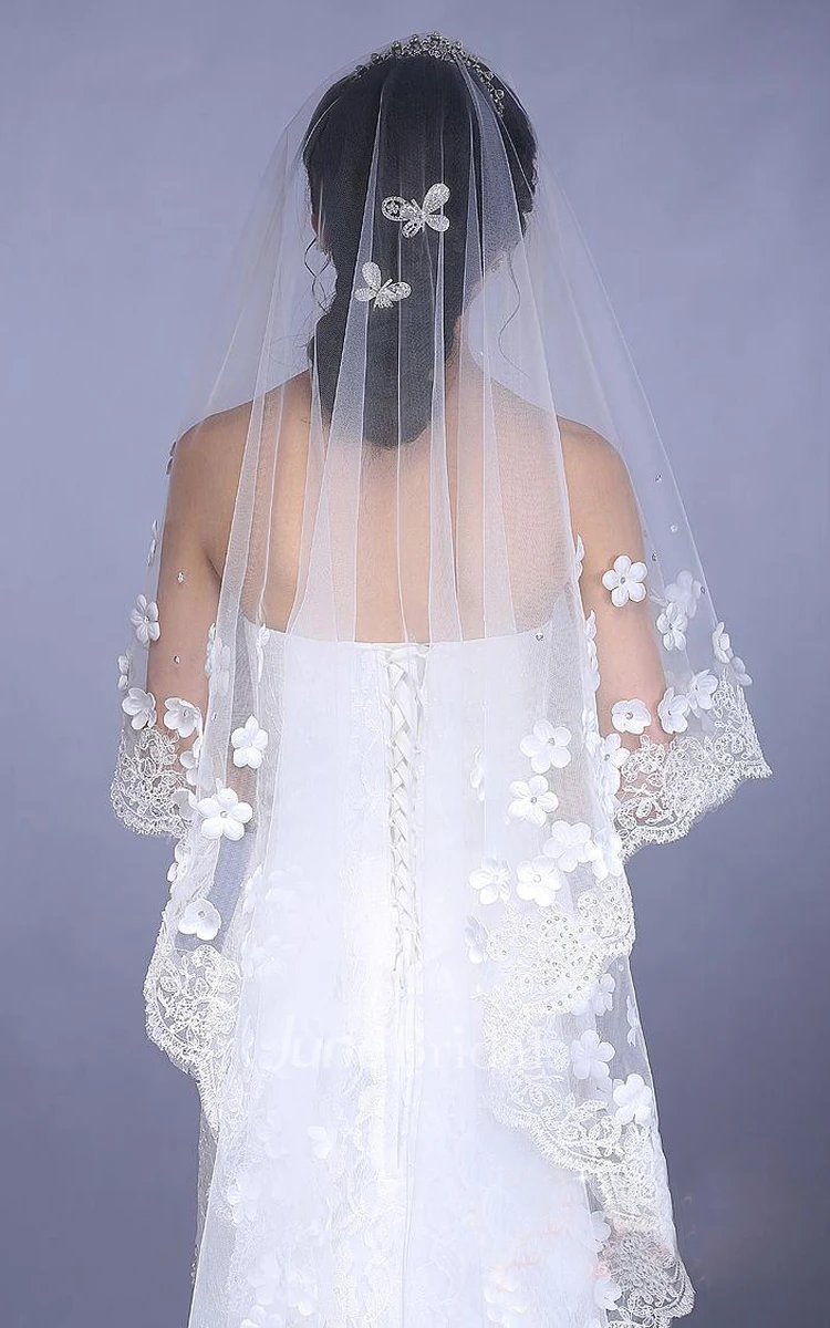 New Style Beautiful Long Wedding Veil with Flowers and Lace Edge