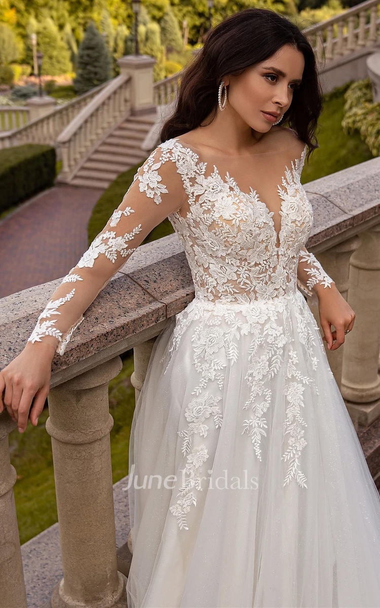 Simple A Line Plunging Neck Tulle Court Train Wedding Dress with Appliques