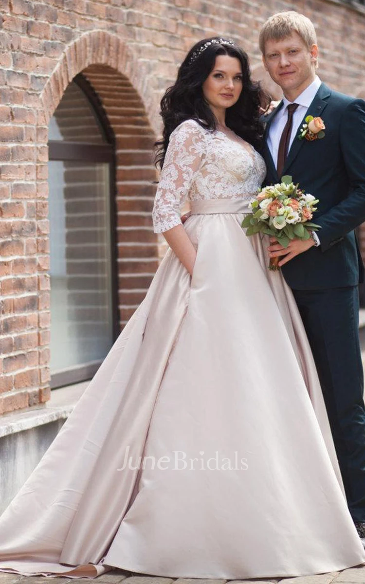 Elegant Wedding Dress, V-neck, Half Sleeves, Champagne, Lace, Beaded, Plus  Size, 2022