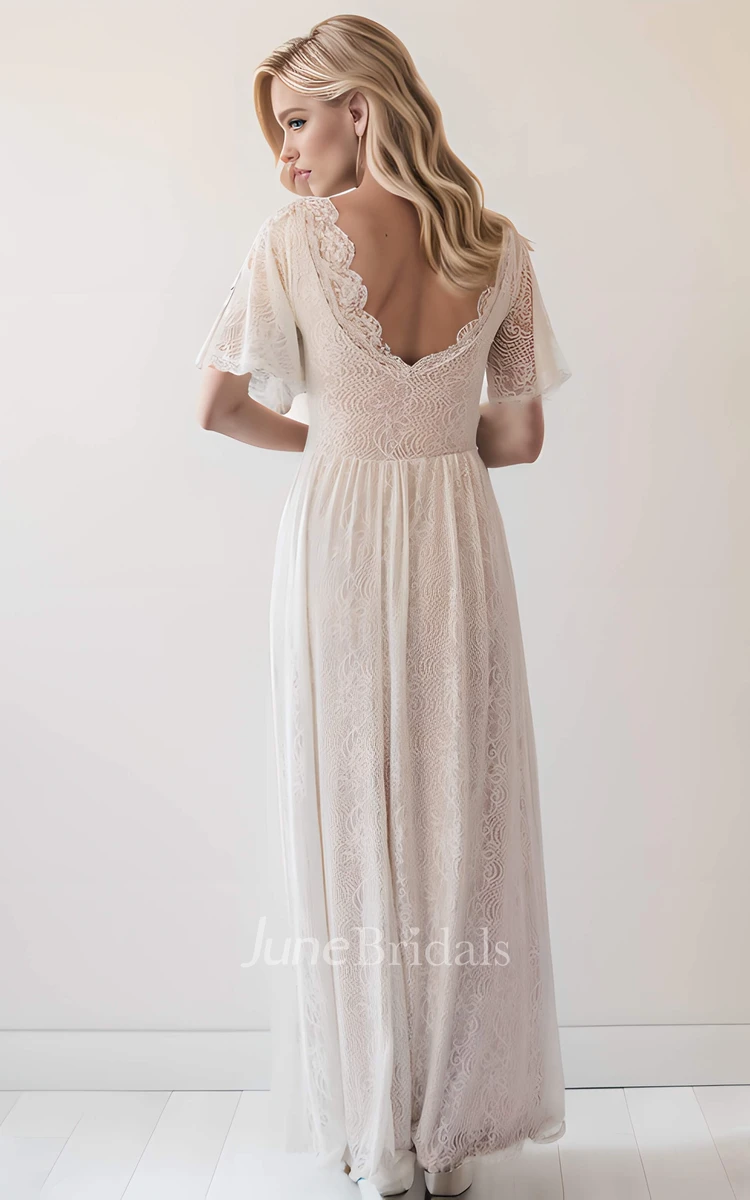 Modest Boho Beach A-Line Lace Short Butterfly Sleeves Wedding Dress Simple Casual Maxi Scoop Neck Bridal Gown