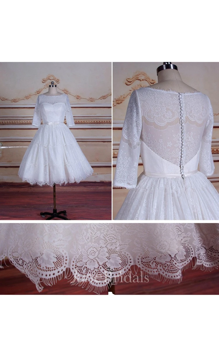 A-Line Tea-Length 3-4 Sleeve Tulle Lace Satin Dress With Button
