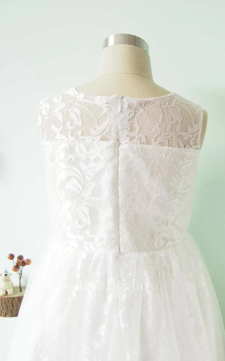 Sleeveless Lace Bodice Tulle Dress With Bow&Flower