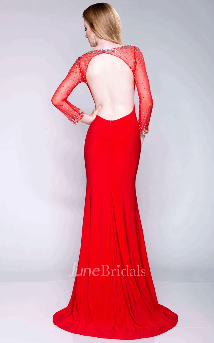 Long Sleeve Sheath Jersey Prom Dress With Sequins And Keyhole