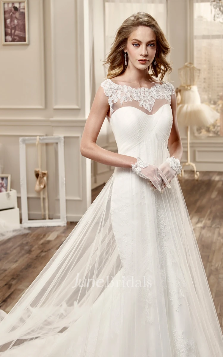 Cap-Sleeve Long Wedding Dress With Pleated Bodice And Invert-V Waist