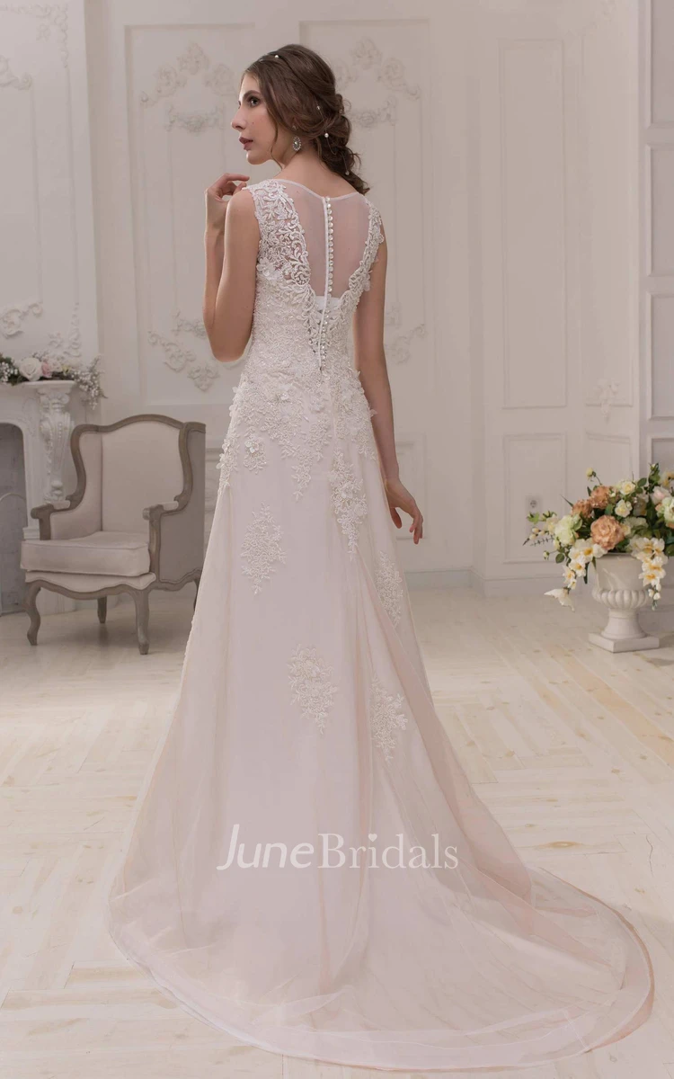 Plunged Sleeveless A-Line Satin Lace Wedding Dress With Appliques