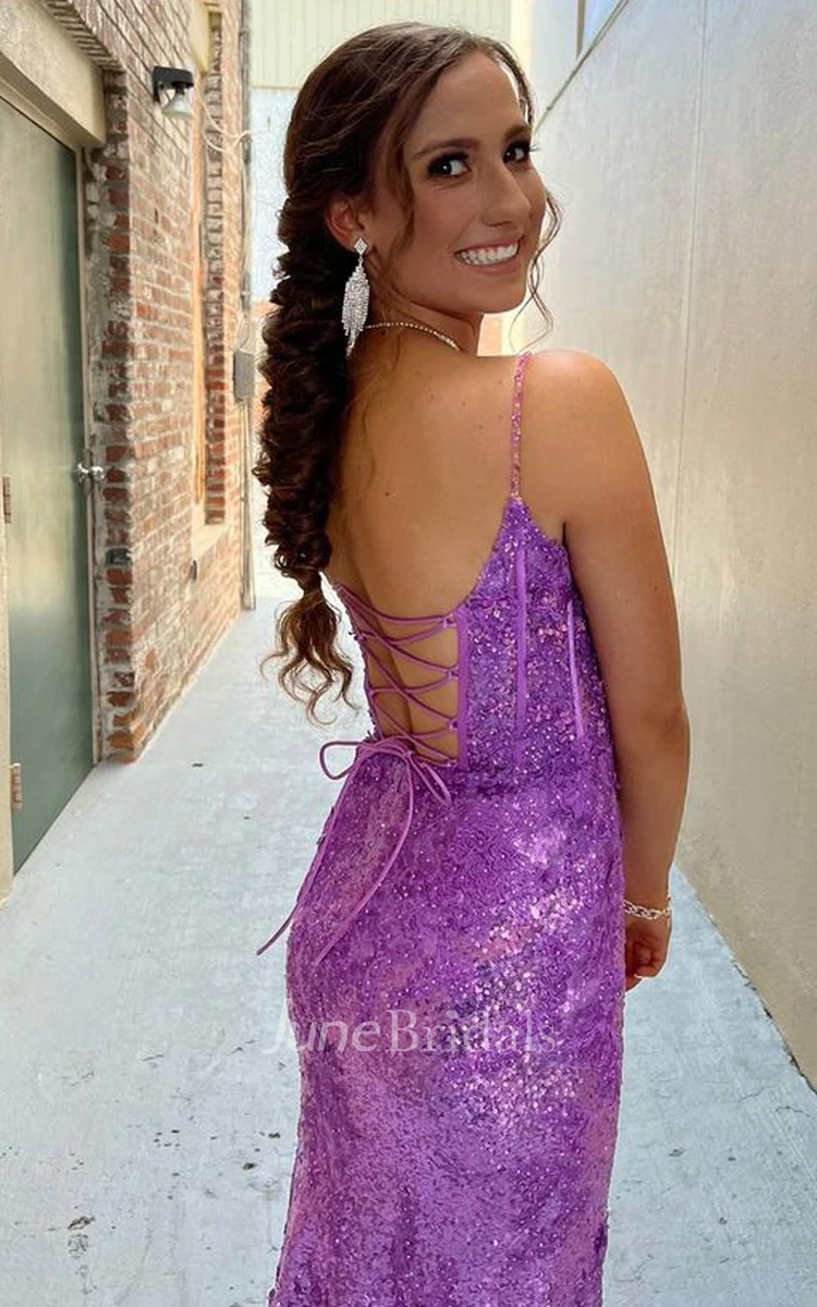Romantic Spaghetti Sheath Sequins Evening Dress With Open Back And Sweep Train