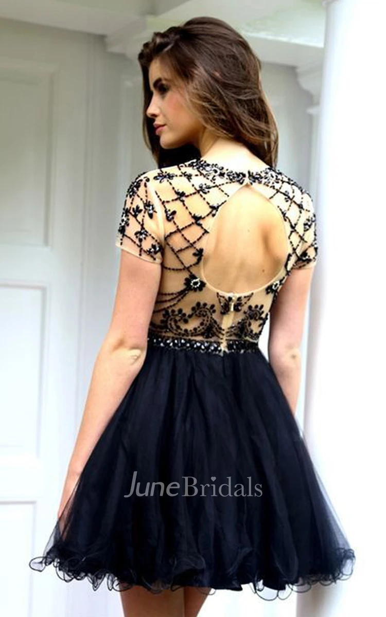 A-Line Scoop Short-Sleeve Beaded Short Prom Dress With Keyhole Back And Ruffles