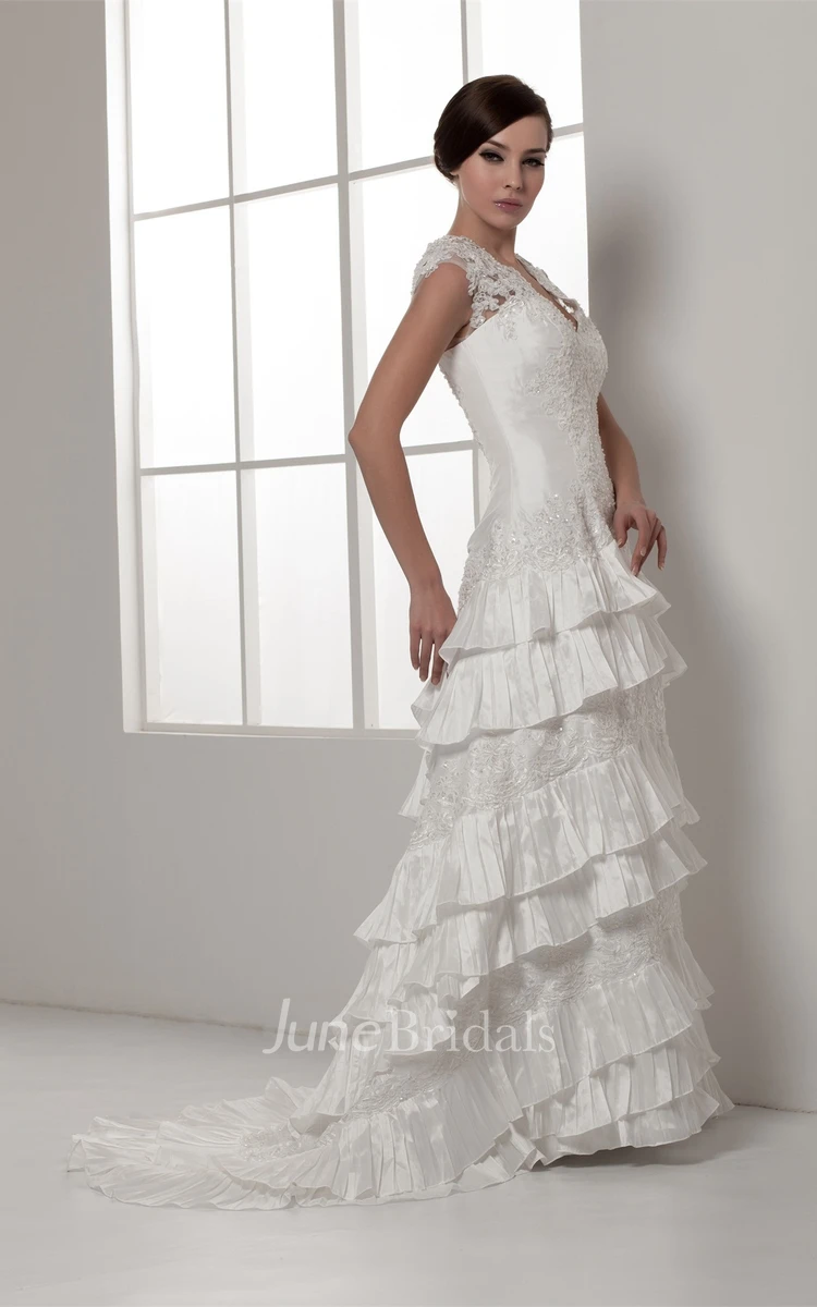 Scalloped-Neck Caped-Sleeve Lace Dress with Beading and Tiers