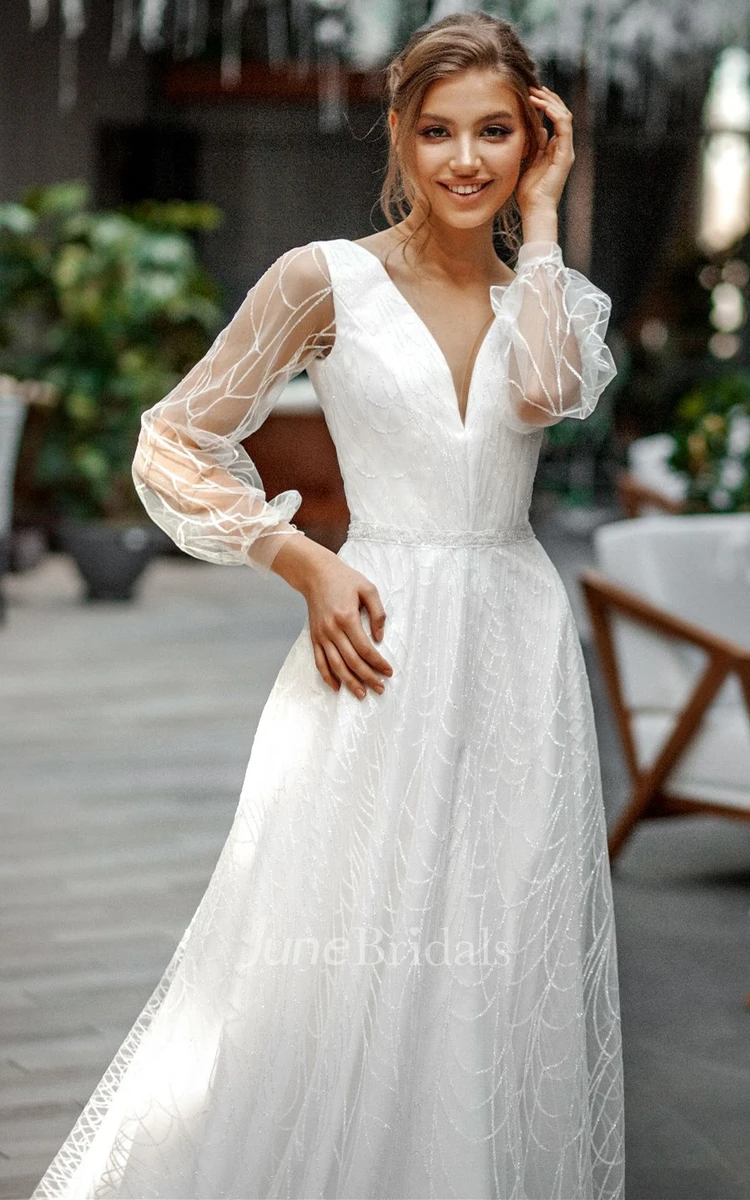 Romantic A Line V-neck Organza Court Train Wedding Dress with Ruching