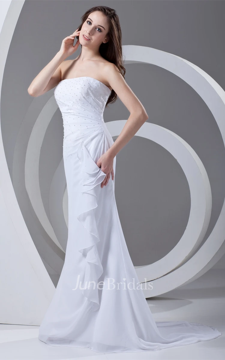 strapless column chiffon gown with draping and beading