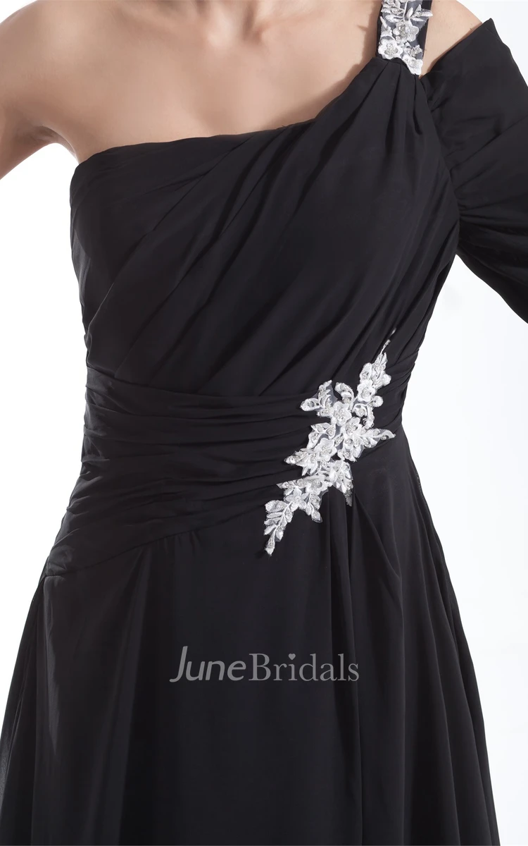 chiffon floor-length pleated dress with one-sleeve design and appliques
