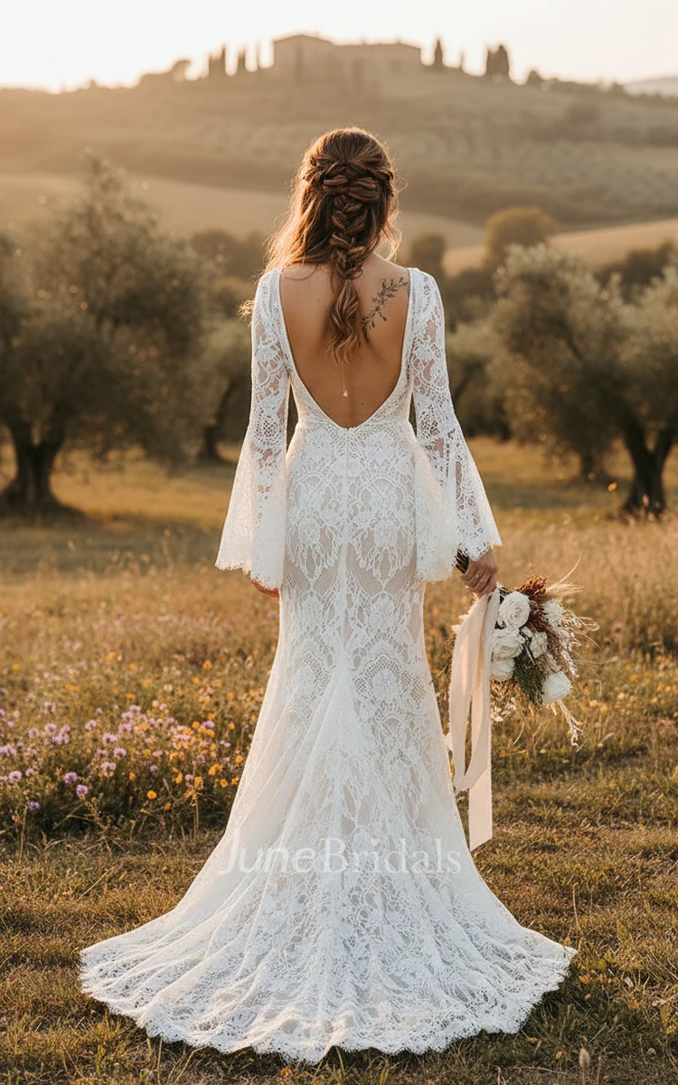 Boho Lace Bell Long Sleeve Spring Wedding Dress Mermaid V-Neck Western Bridal Gown