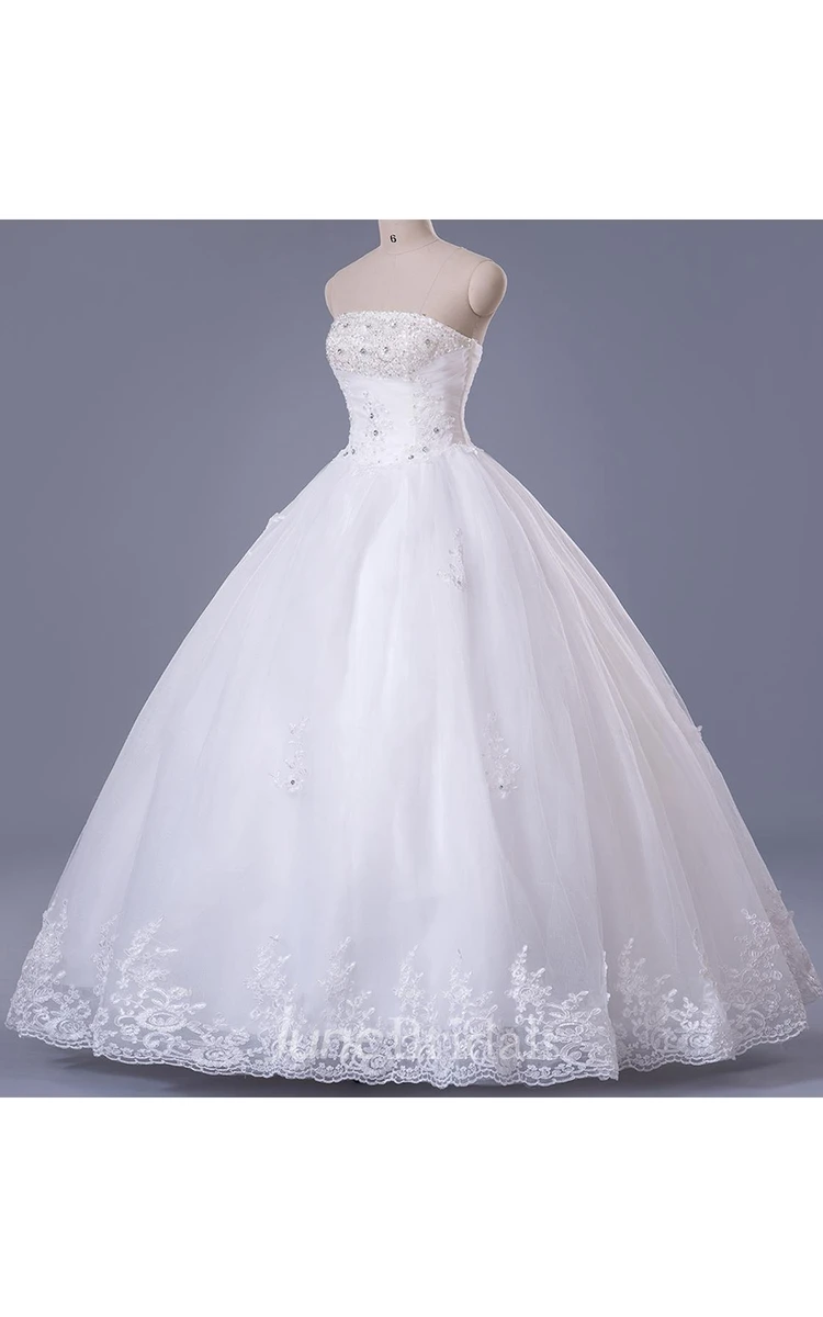 Elegant Strapless Sleeveless Wedding Dress Ball Gown With Lace Beadings