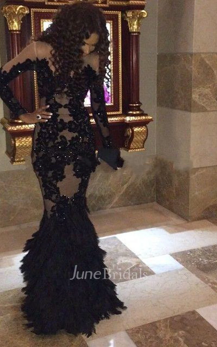 Sexy Black Mermaid Prom Dresses Long Sleeve Tulle Appliques