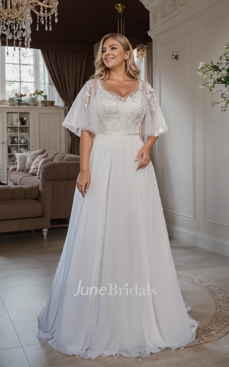 Ethereal Modest A-Line Plus Size Boho Lace Wedding Dress Vintage Stunning Short Bell Sleeve Crystal Button Illusion Back Bridal Gown