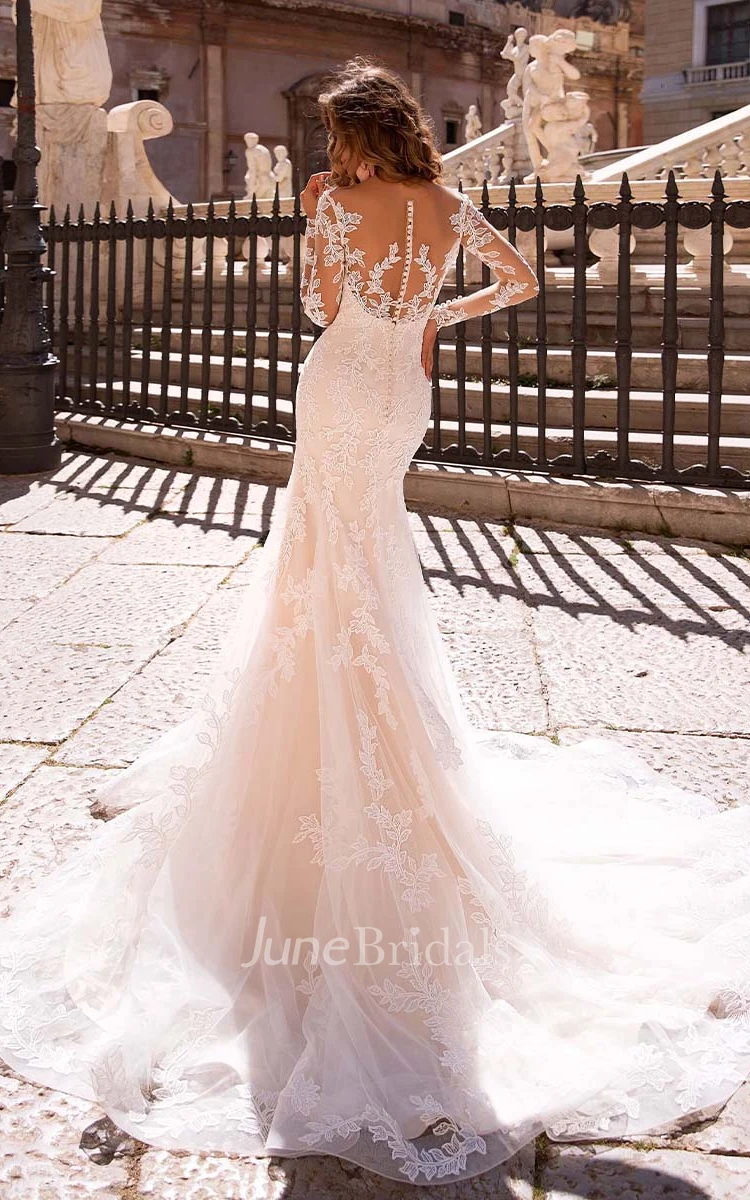 Mermaid Lace Spring Wedding Dress Casual Adorable Sexy Bohemian Romantic Beach Garden With Button And Illusion Long Sleeves And Appliques