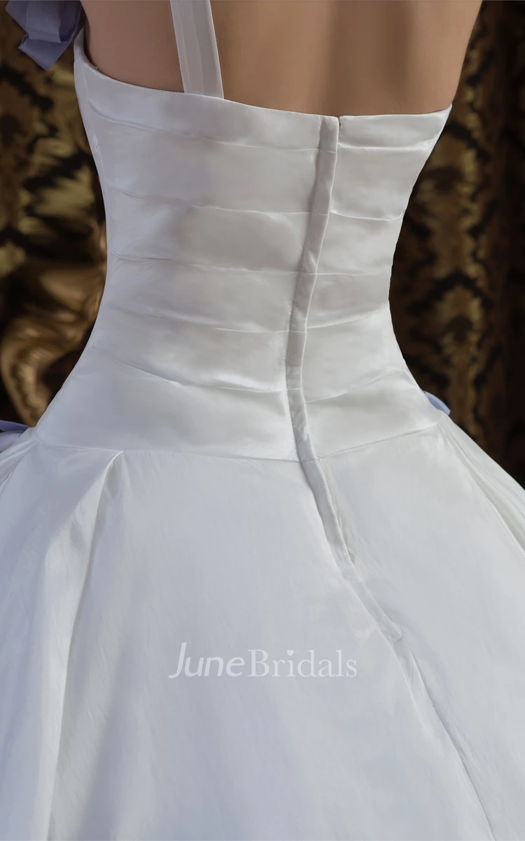 One-Shoulder Criss-Cross Ball Gown with Flower and Draping