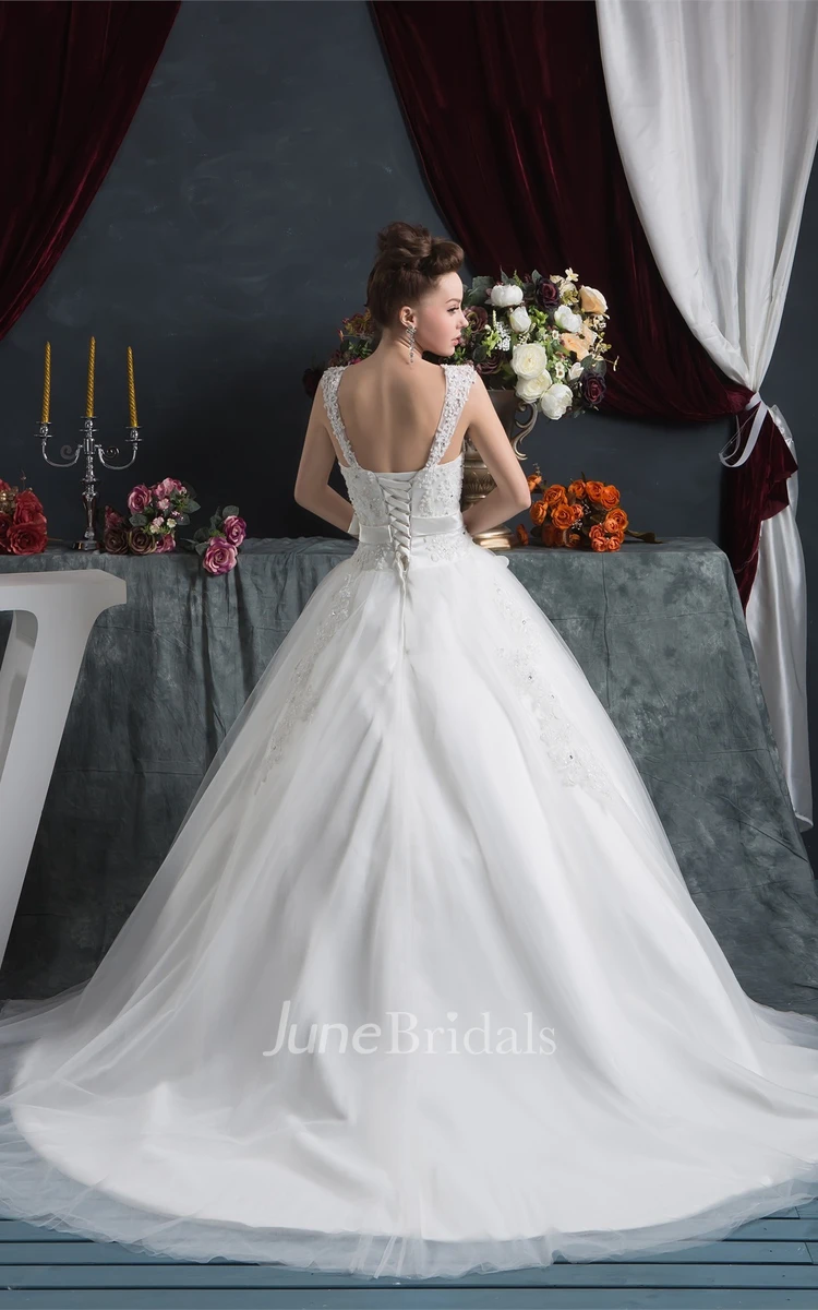 Strapped Tulle Ball Gown with Ribbon and Appliques