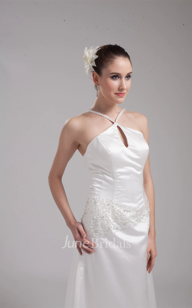 Sleeveless Satin Sheath Dress with Appliques and Brush Train