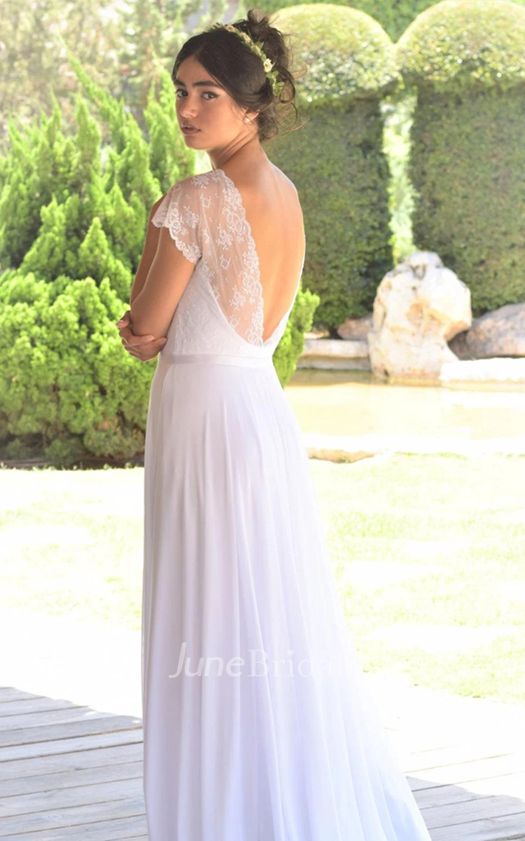 V-Neck Cap-Sleeve Chiffon Pleated Wedding Dress With Deep-V Back