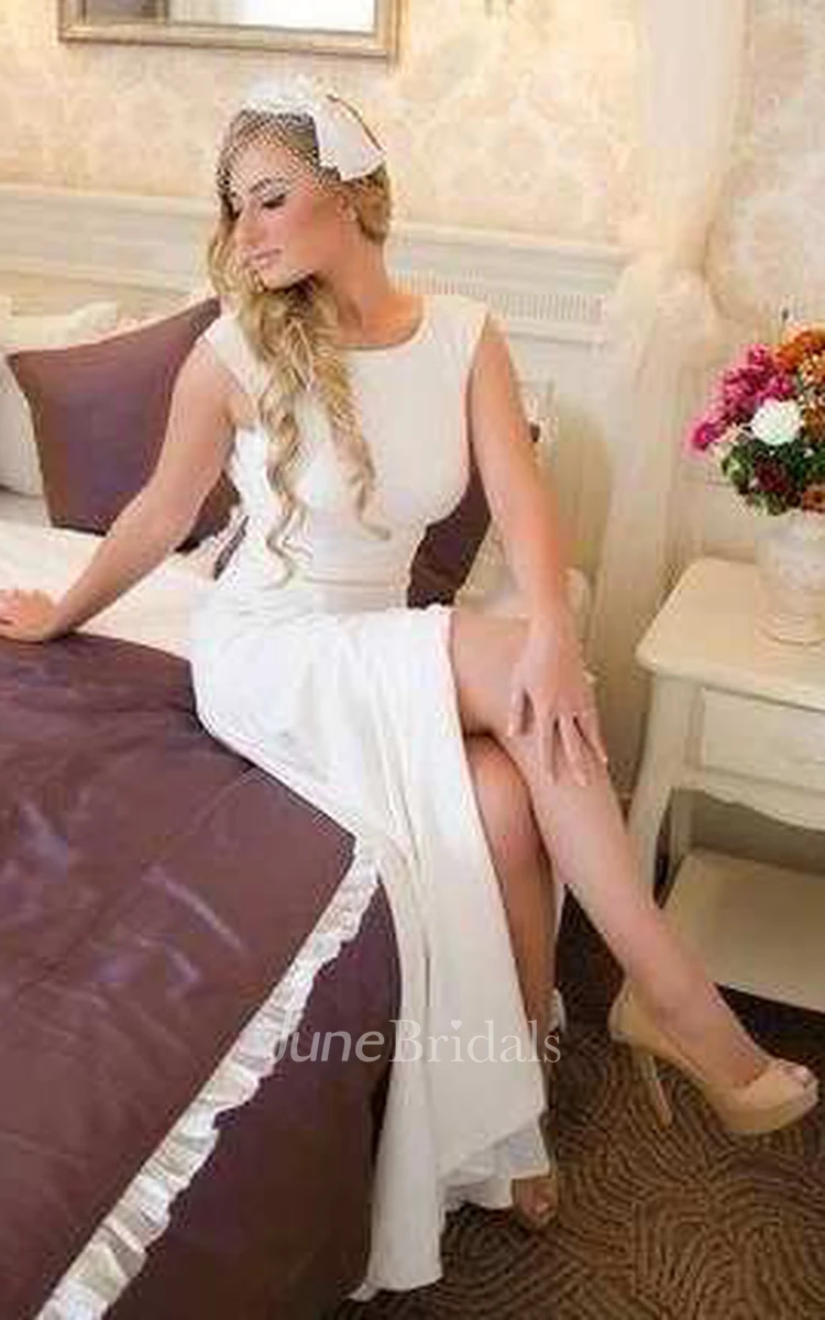 Scoop-Neck Short Sleeve Split Front Long Wedding Dress