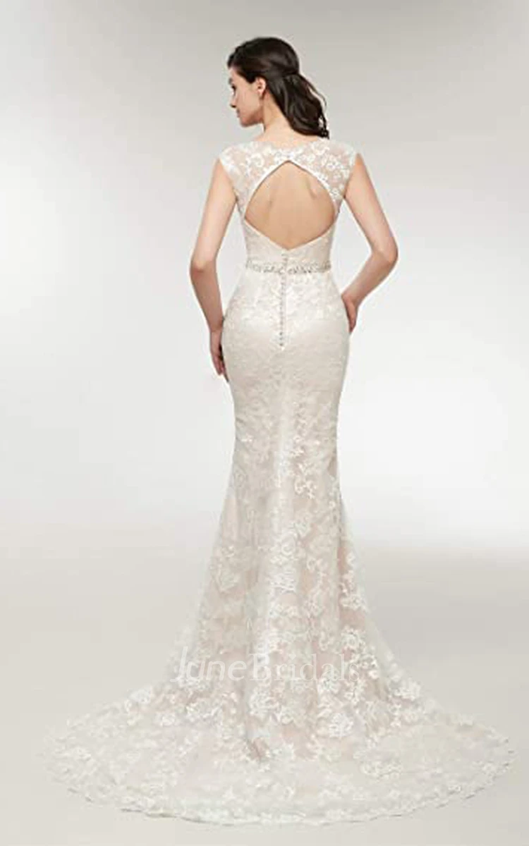 Mermaid Jewel Neckline Lace Wedding Dress Simple Elegant Adorable Beach Garden With Sleevesless And Appliques