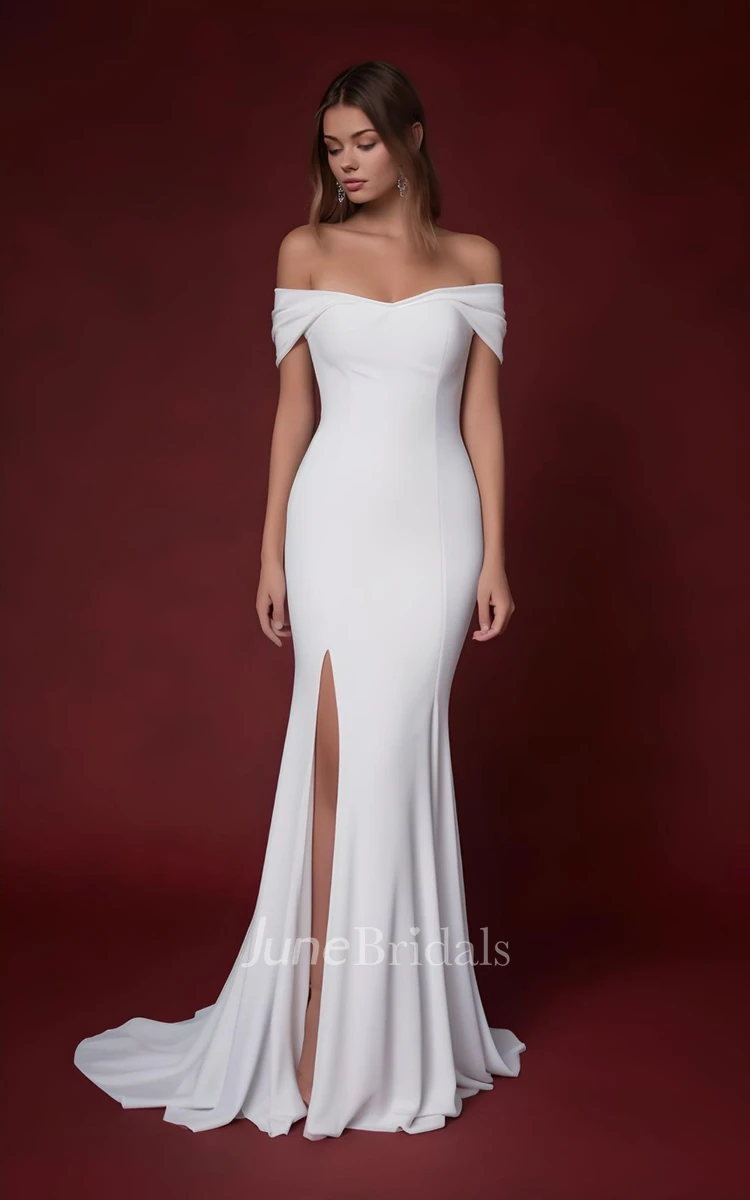 Simple Mermaid Sleeveless Spandex Wedding Dress with Split Front Off-the-shoulder 2024 Country Garden Sweep Train Casual