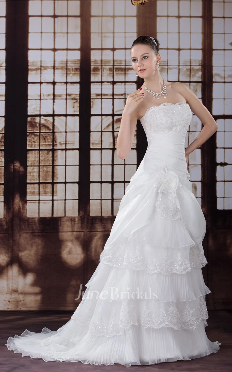 Graceful Beaded Scalloped Edge Strapless A-Line Dress with Tiered Ruffle and Flowers