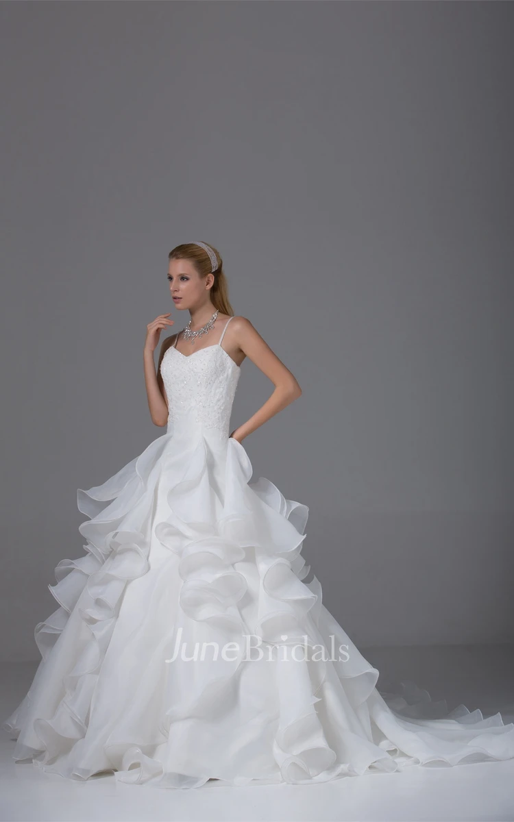 Appliqued Ruffled A-Line Gown with Spaghetti-Straps and Corset Back