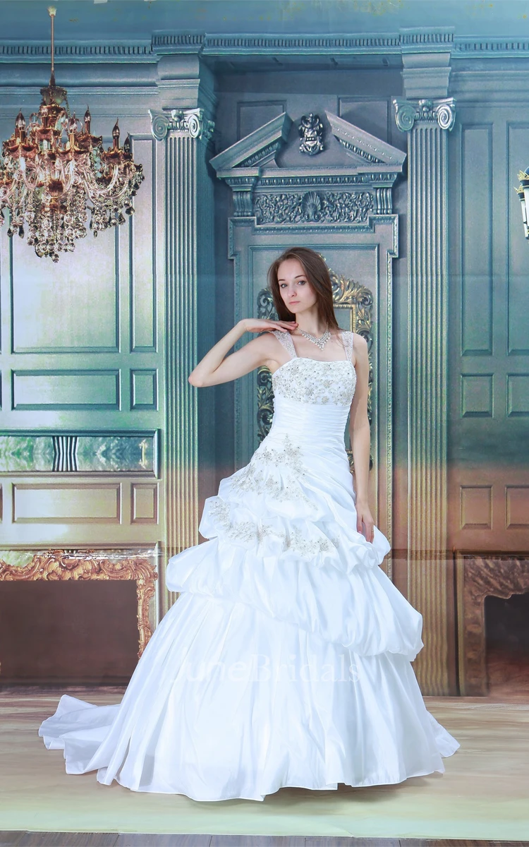Noble Strapped Pick-Up Ball Gown with Appliques and Beading
