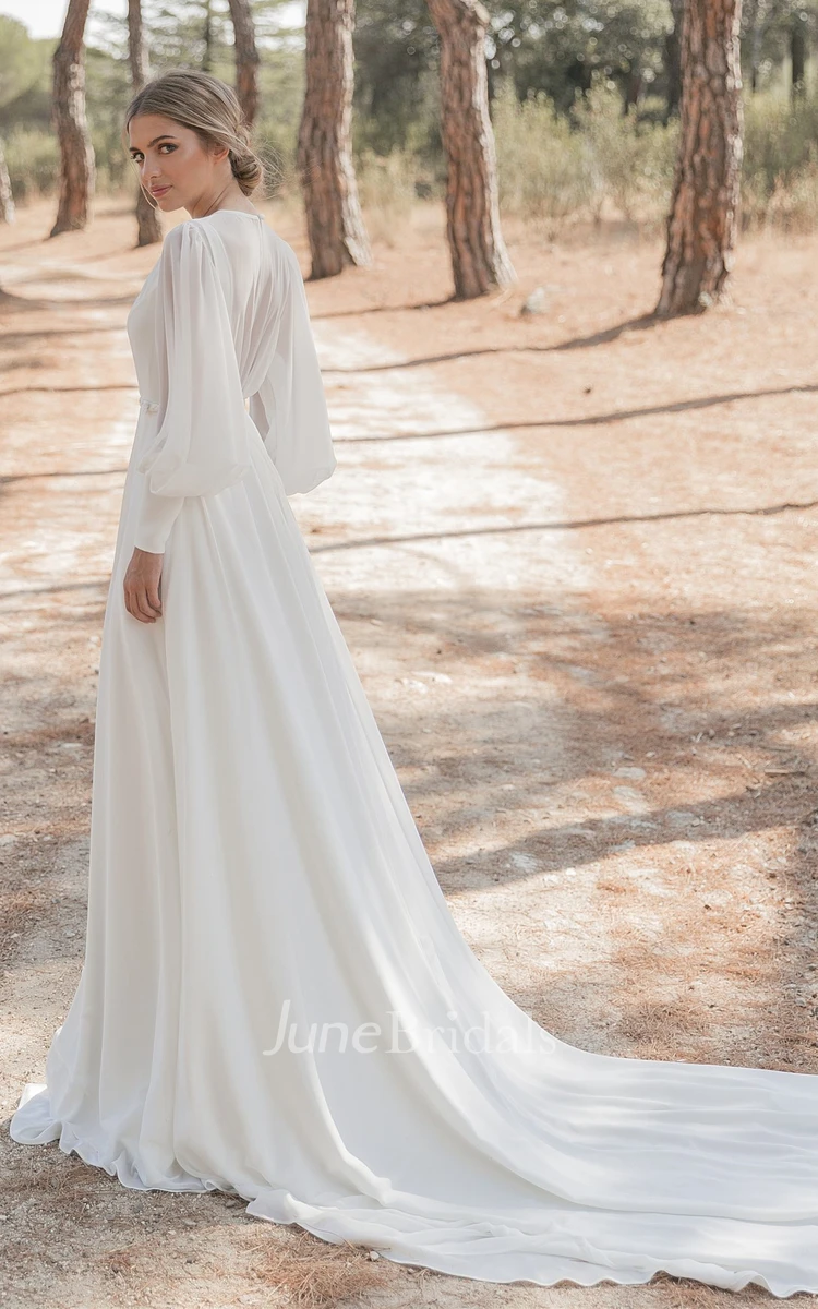 Simple A Line Chiffon Wedding Dress With Puff Sleeve And Sweetheart Neckline  - June Bridals