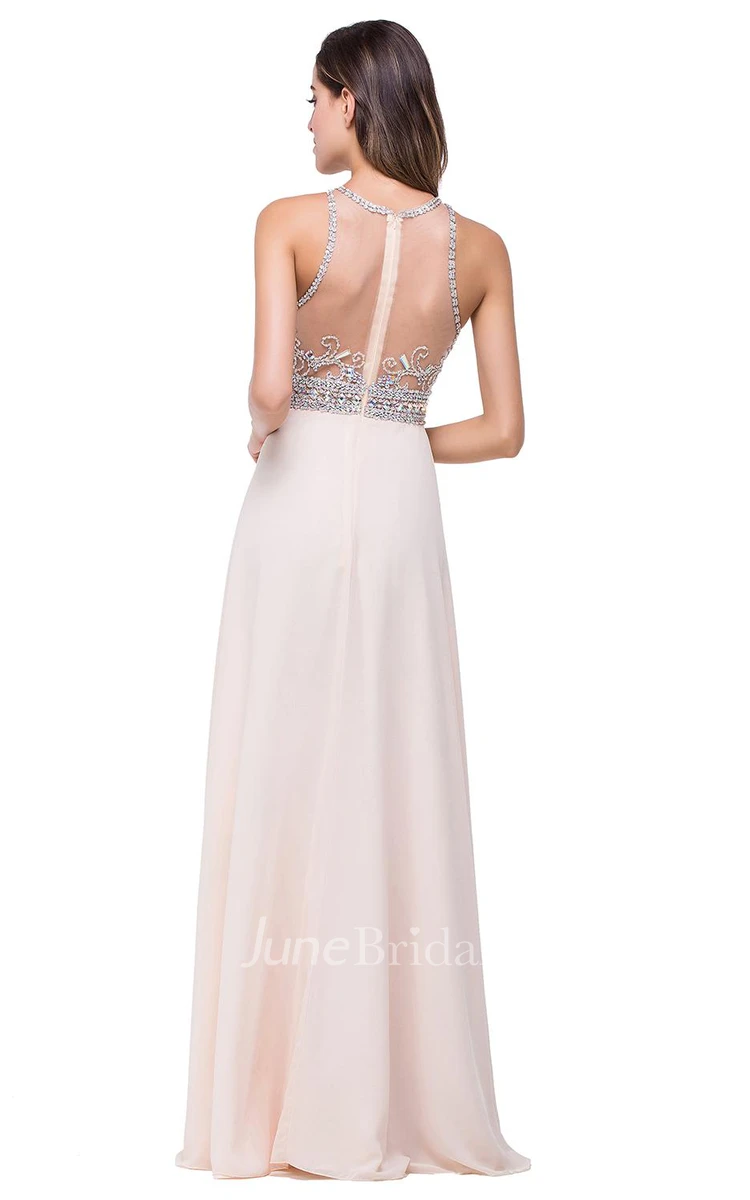Elegant Beadings Chiffon A-line Prom Dress Zipper Illusion