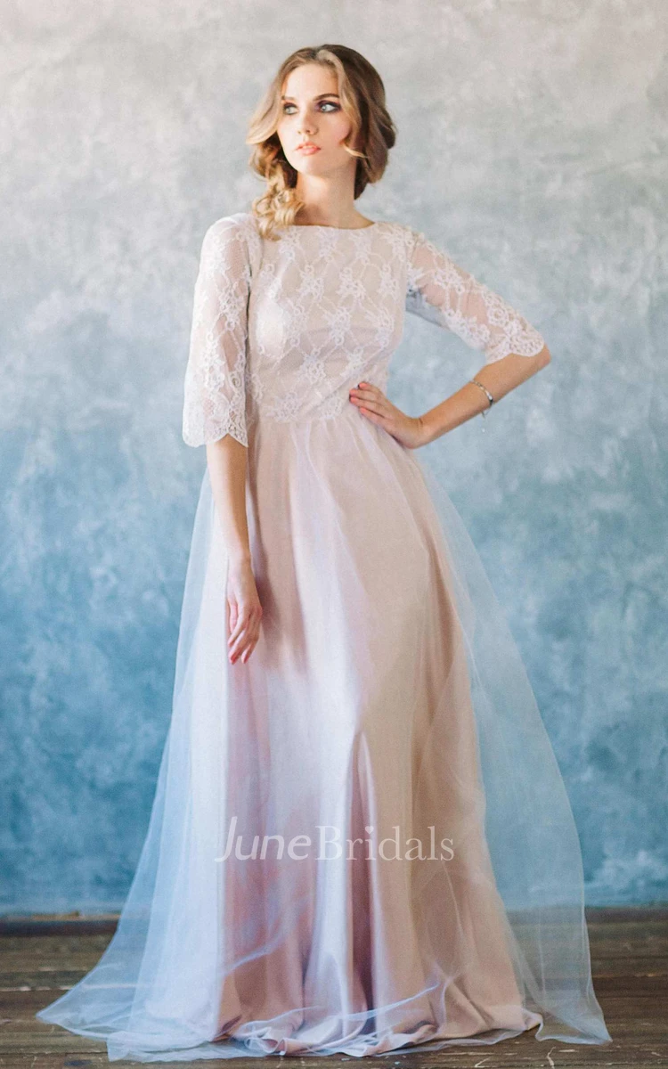 Bateau Half Sleeve Tulle Long Dress With Lace Top