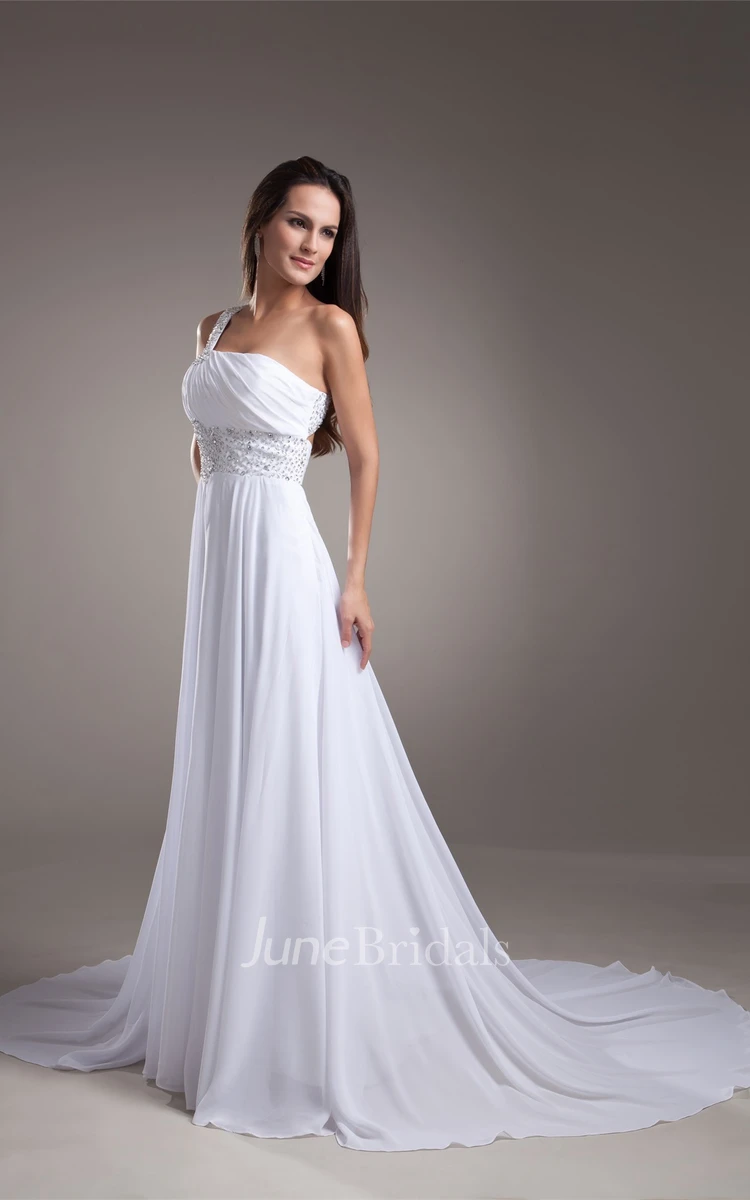 gossameray maxi chiffon dress with single strap and jeweled waist