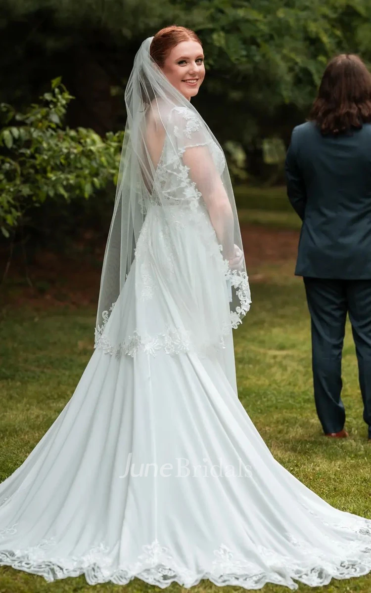 Elegant V-neck Illusion Short Sleeve A-Line Wedding Dress Deep-V Back Lace Petals Garden Gown