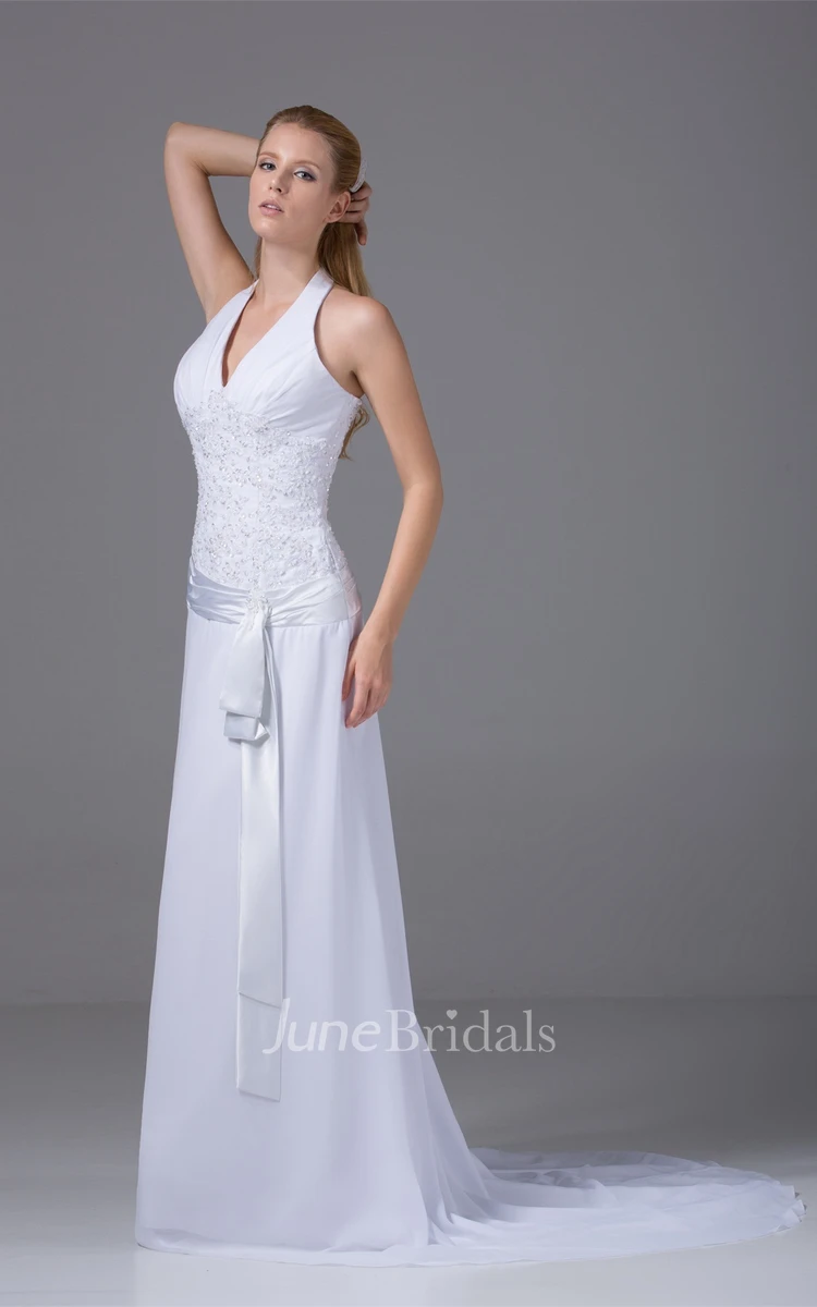 Plunged Sleeveless Maxi Dress with Halter and Appliques