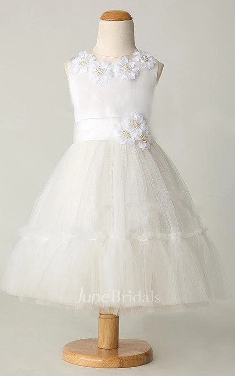 Flower Jewel Neckline Tulle&Satin Dress With Beading and Flower